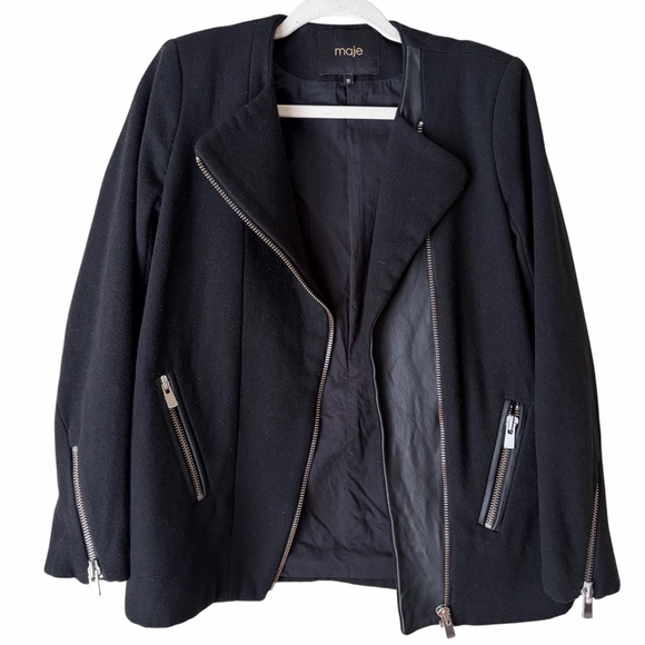 Maje Jackets & Blazers - Maje | Wool Blend & Leather Asymmetrical Full Zip Jacket Moto Black Small